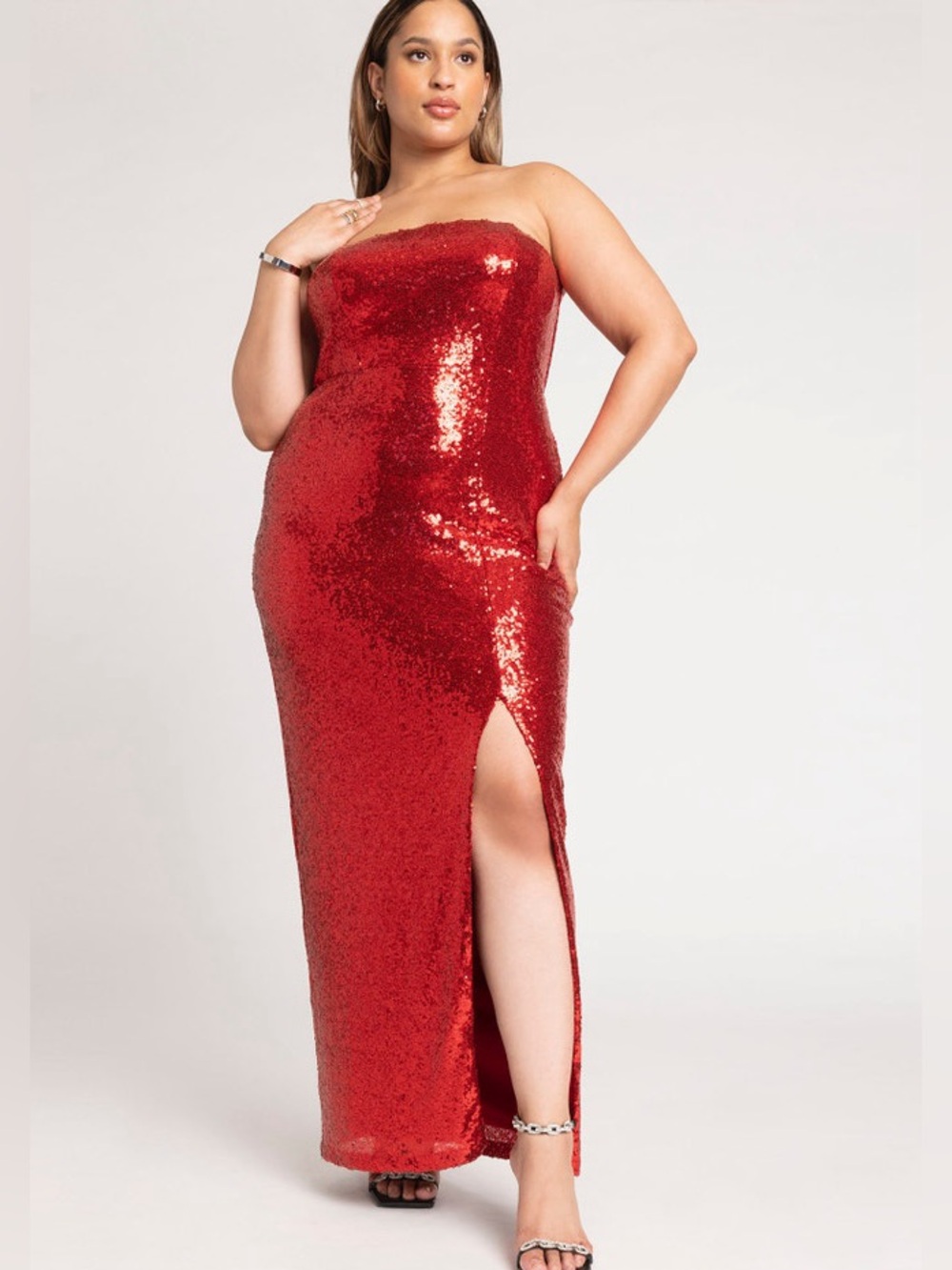 Eloquii Sequin Gown With Slit in Color Salsa